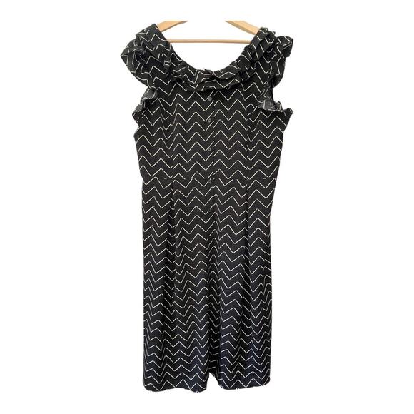 Who What Wear Black Chevron Stripe Dress Midi Button Front XXL Cap sleeve Ruffle - Picture 2 of 5